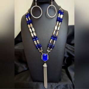 VINTAGE Art Deco Blue and Silver Necklace and Earring Set